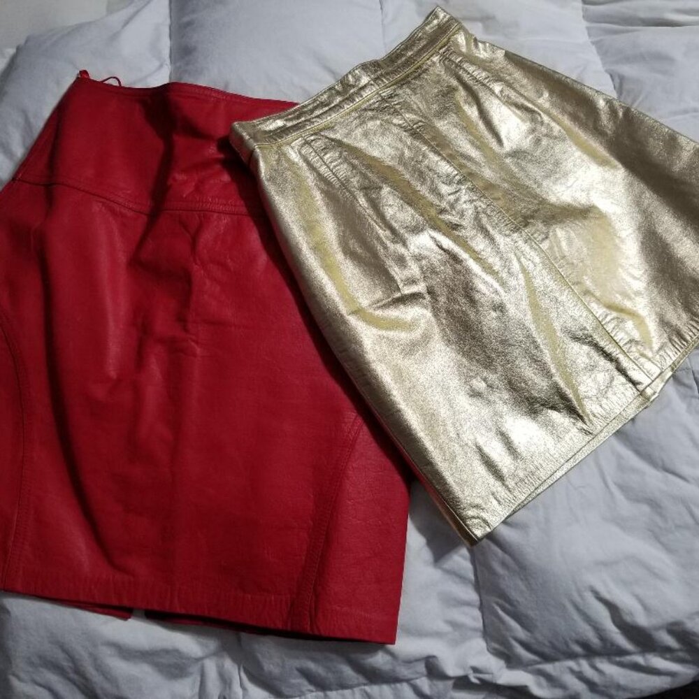 2 leather skirts: Avanti red leather skirt &  Philip Noel gold leather skirt